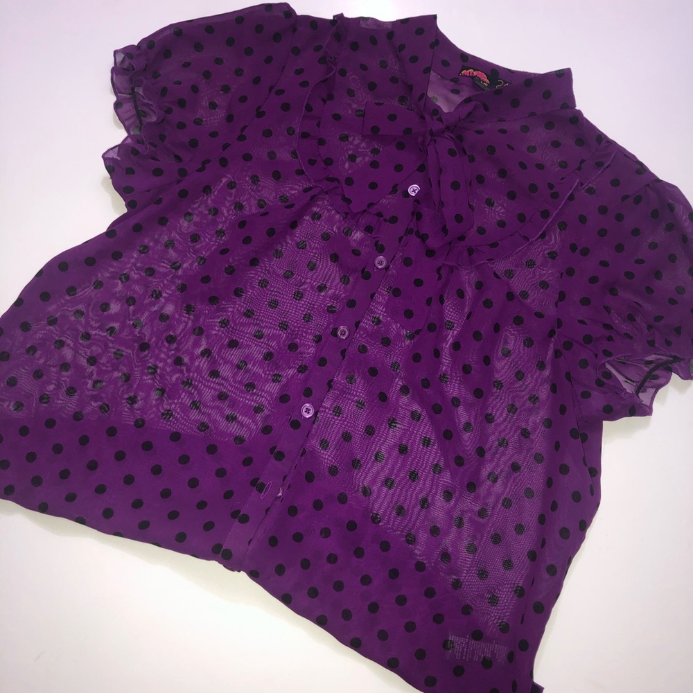 🦋Forever 21 Purple Polka Dot Pussycat Bow Top
